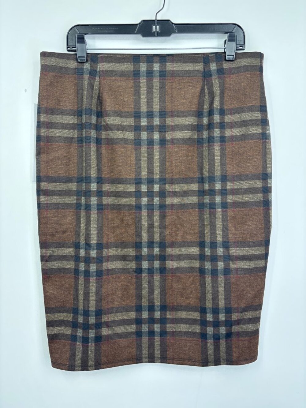 Carole Wren Pull On Pencil Skirt Plaid Tartan Print Brown Size Large NEW - Picture 3 of 4